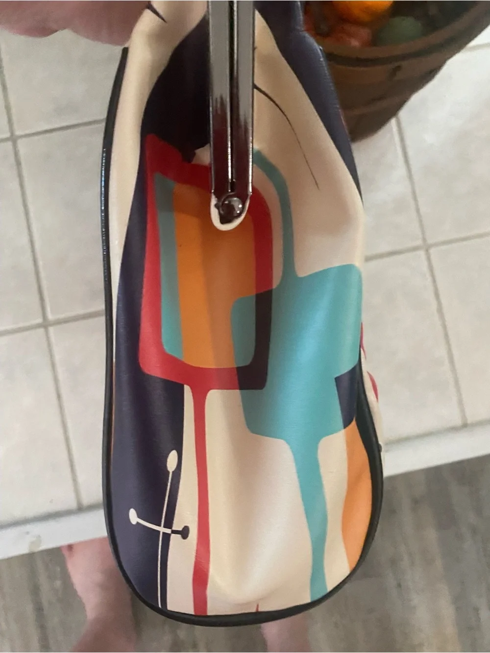 Kat McEnroe Atomic Retro Cat Print Crossbody Bag in Cream, Teal & Orange.